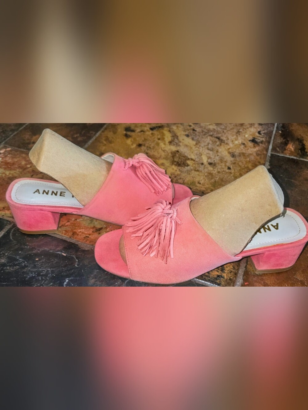 Anne Klein Coral Pink Suede Tassel Block Heel Mules Sz 7  0236